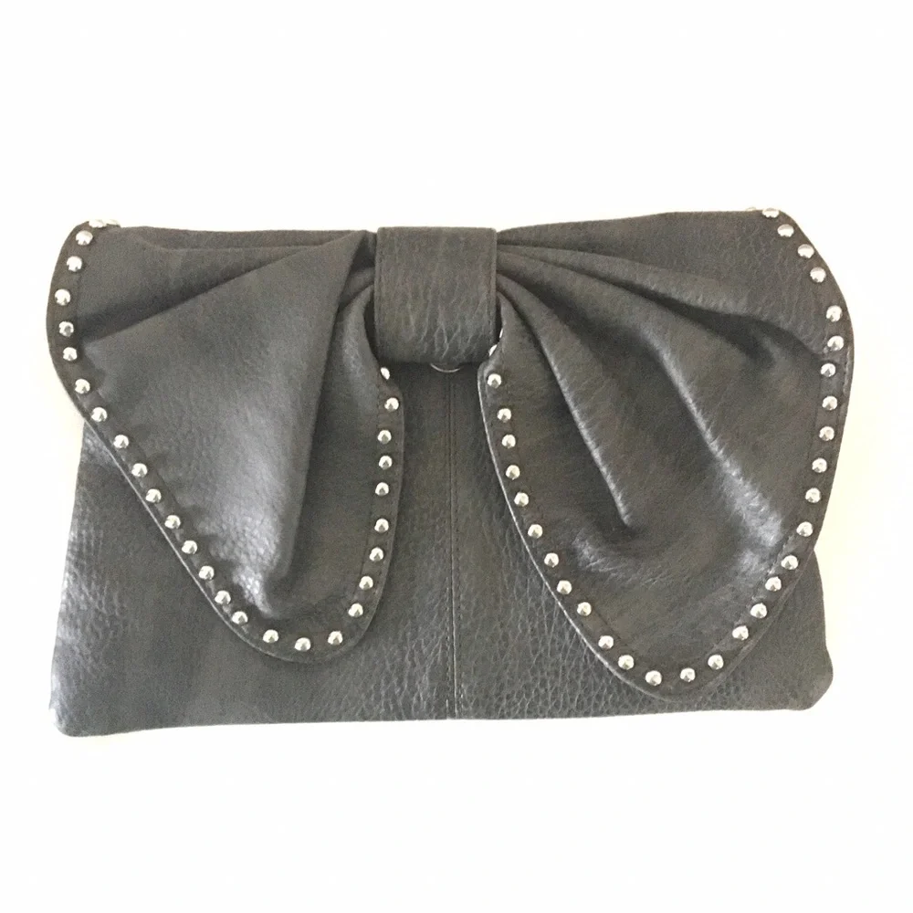 Gray Studded Bow Clutch Bag with Chain Strap | Convertible Satchel Purse